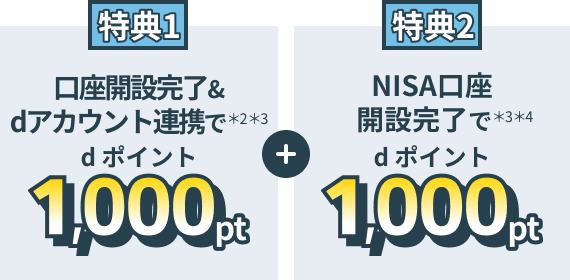 特典1 口座開設完了＆dアカウント連携で*2*3dポイント1,000pt 特典2 NISA口座開設完了で*3*4dポンと1,000pt