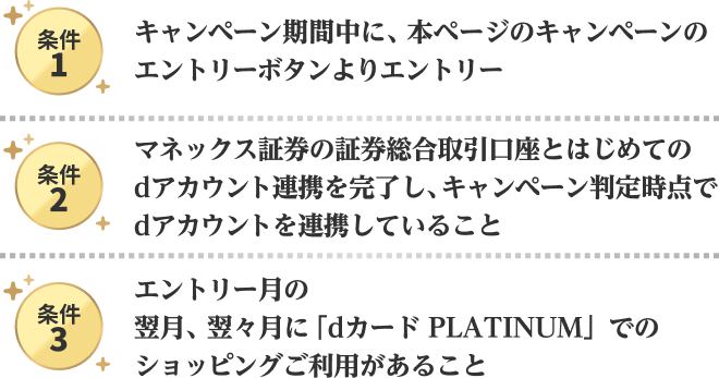 条件1：キャンペーン期間中に、本ページのキャンペーンのエントリーボタンよりエントリー 条件2：マネックス証券の証券総合取引口座とはじめてのdアカウント連携を完了し、キャンペーン判定時点でdアカウントを連携していること 条件3：エントリー月の翌月、翌々月に「dカード PLATINUM」でのショッピングご利用があること
