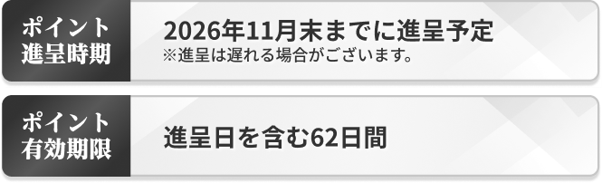 ポイント進呈時期：2026年11月末までに進呈予定 ※進呈は遅れる場合がございます。ポイント有効期限：進呈日を含む62日間