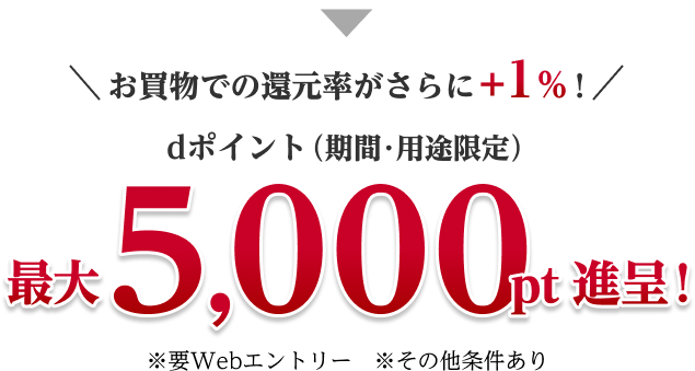 ＼お買物での還元率がさらに＋1％／ dポイント（期間・用途限定）最大5,000pt進呈！ ※要Webエントリー ※その他条件あり
