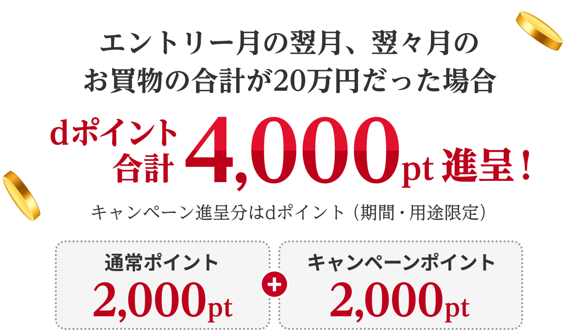 エントリー月の翌月、翌々月のお買物の合計が20万円だった場合dポイント合計4,000pt進呈！キャンーん進呈分はdポイント（期間・用途限定） 通常ポイント2,000pt＋キャンペーンポイント2,000pt