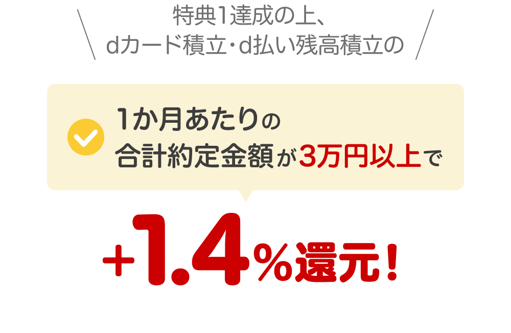 特典1達成の上、dカード積立・d払い残高積立の1か月あたりの合計約定金額が3万円以上で＋1.4％還元