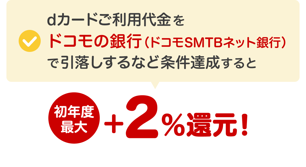 dカードご利用代金をドコモの銀行（ドコモSMTBネット銀行）で引落しするなど条件達成すると、初年度最大＋2％還元